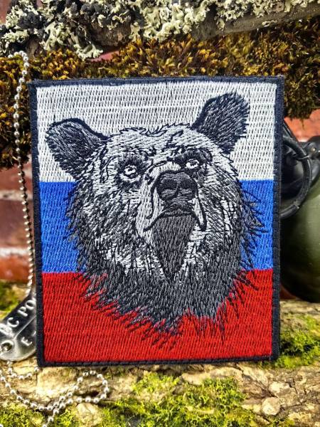 Нашивка ( шеврон патч patch ) тактическая МЕДВЕДЬ НА ТРИКОЛОРЕ вышитая на липучке 8,5х10 (2509893) - HAKKI