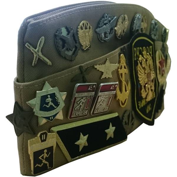 Пилотка военная СА ВС СССР сувенирная тропическая со звездой и значками оригинал песочная (1405997) - HAKKI