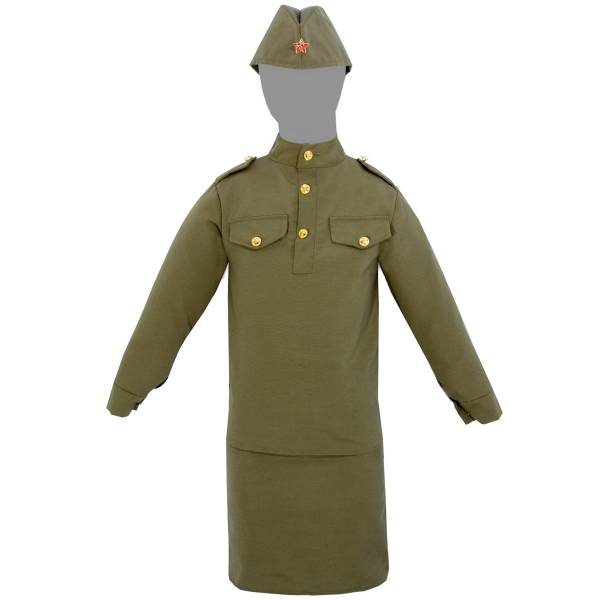 Костюм детский военный солдатский СА ВС СССР для девочек юбка / гимнастерка / пилотка хаки со звездой (1120002) - HAKKI