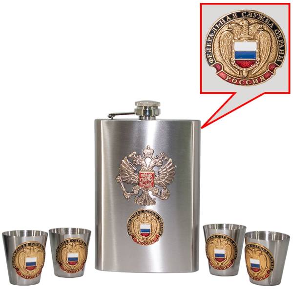 Набор подарочный с символикой ФСО России / Герб ( орел ) РФ ( фляга 9 OZ - 270 мл + стопки 4х30 мл + лейка ) (4801927) - HAKKI