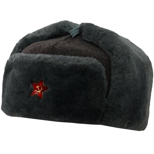 Шапка ушанка зимняя меховая для военнослужащих ВС МО солдатская искусственный мех / сукно уставная со звездой серая с хранения (1407035) - HAKKI