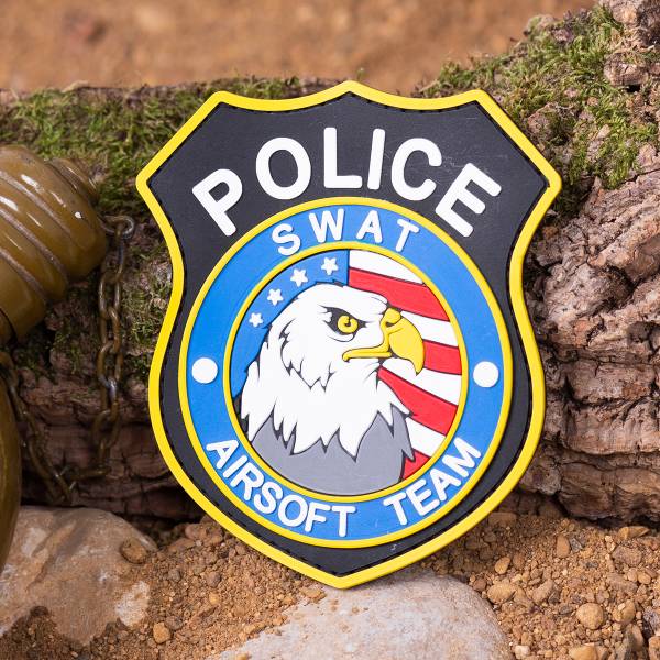 Нашивка ( шеврон патч patch ) тактическая POLICE / SWAT AIRSOFT TEAM 3D PVC ( пластизоль ) на липучке 10х9 черная (2504314) - HAKKI