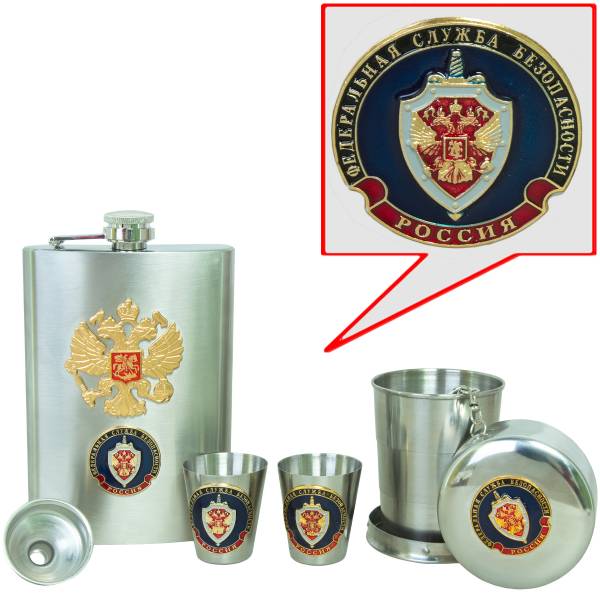 Набор подарочный с символикой ФСБ России / Герб ( орел ) РФ ( фляга 9 OZ-270 мл+стопки 2х30 мл+стопка складная 1х150 мл+лейка ) (4801877) - HAKKI