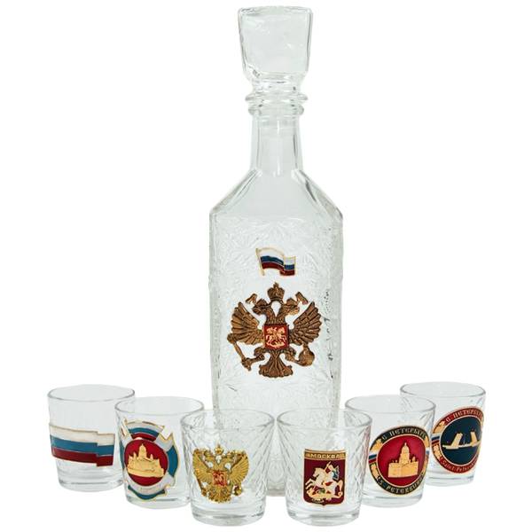 Набор подарочный с символикой Герб ( орел ) России / Москва / Санкт-Петербург графин ( штоф ) высокий со стопками ( рюмками ) (4801171) - HAKKI