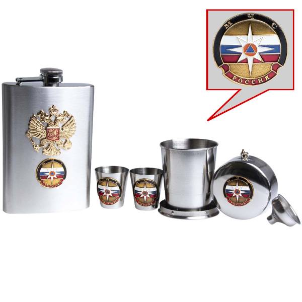 Набор подарочный с символикой МЧС России / Герб ( орел ) РФ ( фляга 9 OZ-270 мл + стопки 2х30 мл + стопка складная 1х150 мл + лейка ) (4801165) - HAKKI