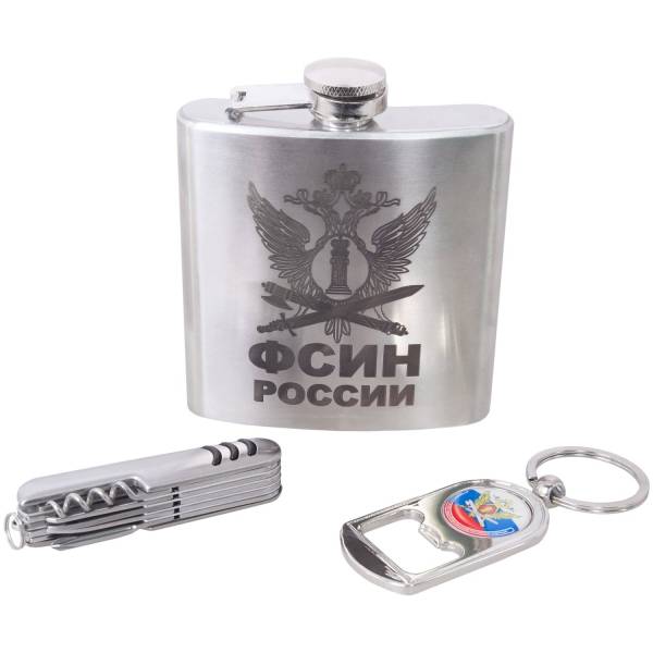 Набор подарочный с символикой ФСИН России ( фляга 6 OZ-180 мл + брелок + нож складной ) (4801104) - HAKKI