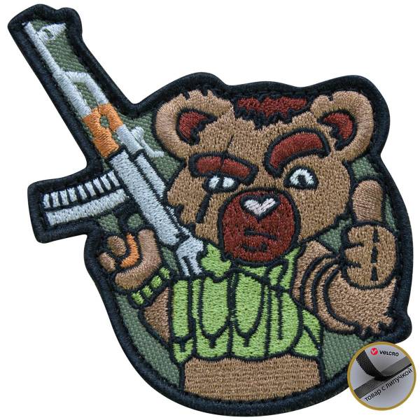 Нашивка ( шеврон патч patch ) тактическая Медведь с АК вышитая на липучке 11х8 оливковая (2509079) - HAKKI
